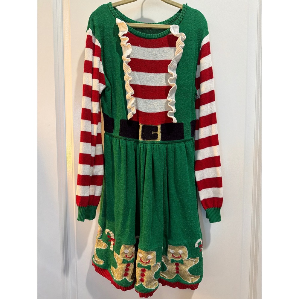 Kids Christmas Elf Sweater Dress Green Red Striped Gingerbread Man Ruffle